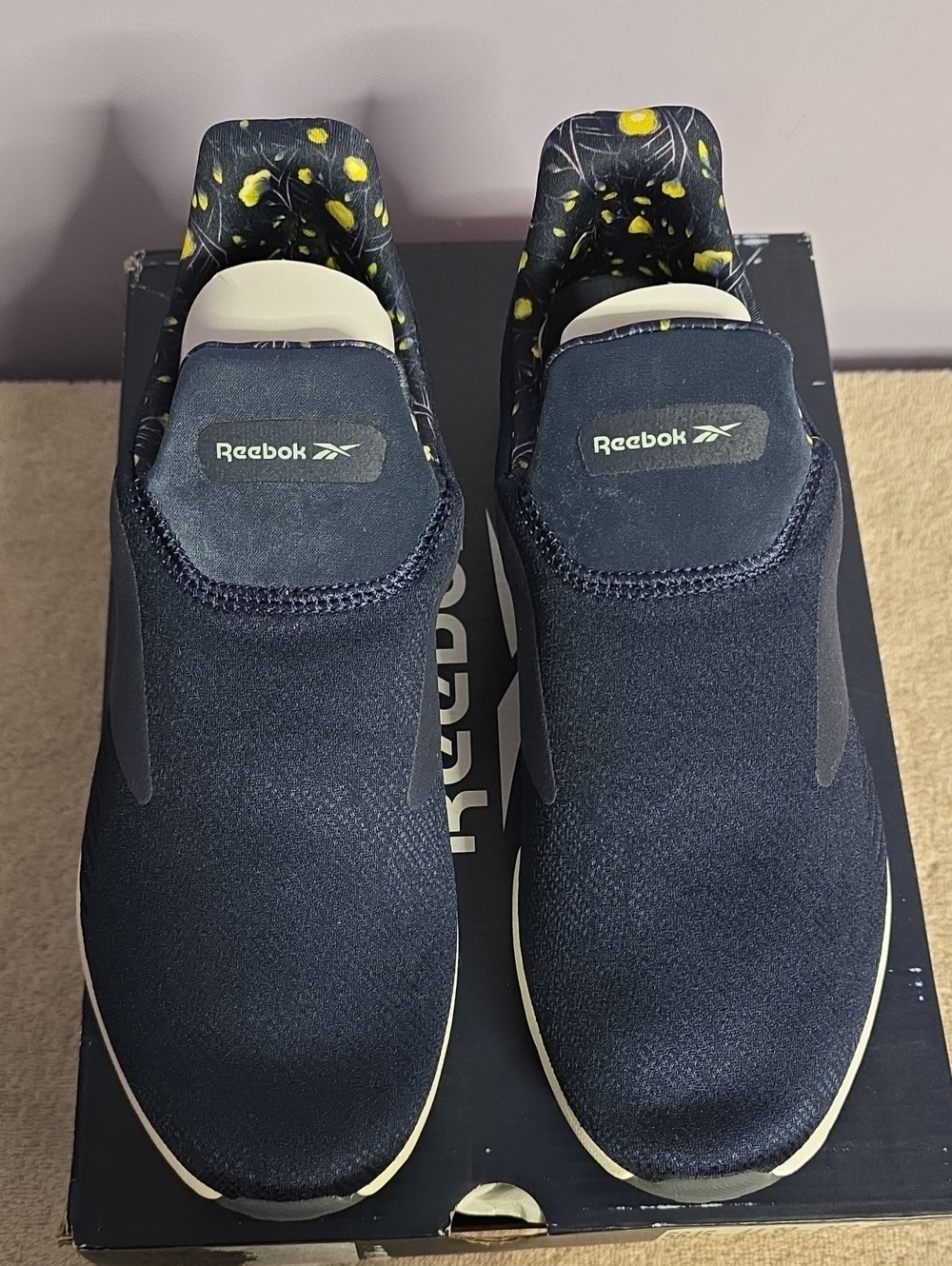 Reebok Women’s DailyFit DMX Slip-On Sneakers - Navy with Yellow Accent